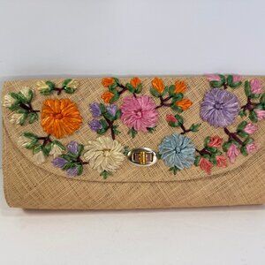 Vintage Woven Straw Raffia Flower Clutch Handbag Philippines 1960's